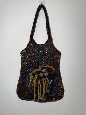 Bloomingdale's Beaded Brown, Blue & Gold Floral Bag